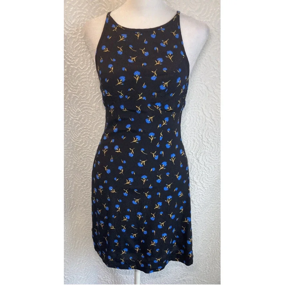 Urban Outfitters UO Mabel Black Blue Floral High-Neck Empire Mini Dress Size 0